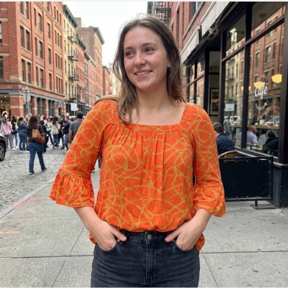 Michael Kors Blouse Womens Sz M Top Shirt 3/4 Sleeve Orange Logo Boho Flowy New!